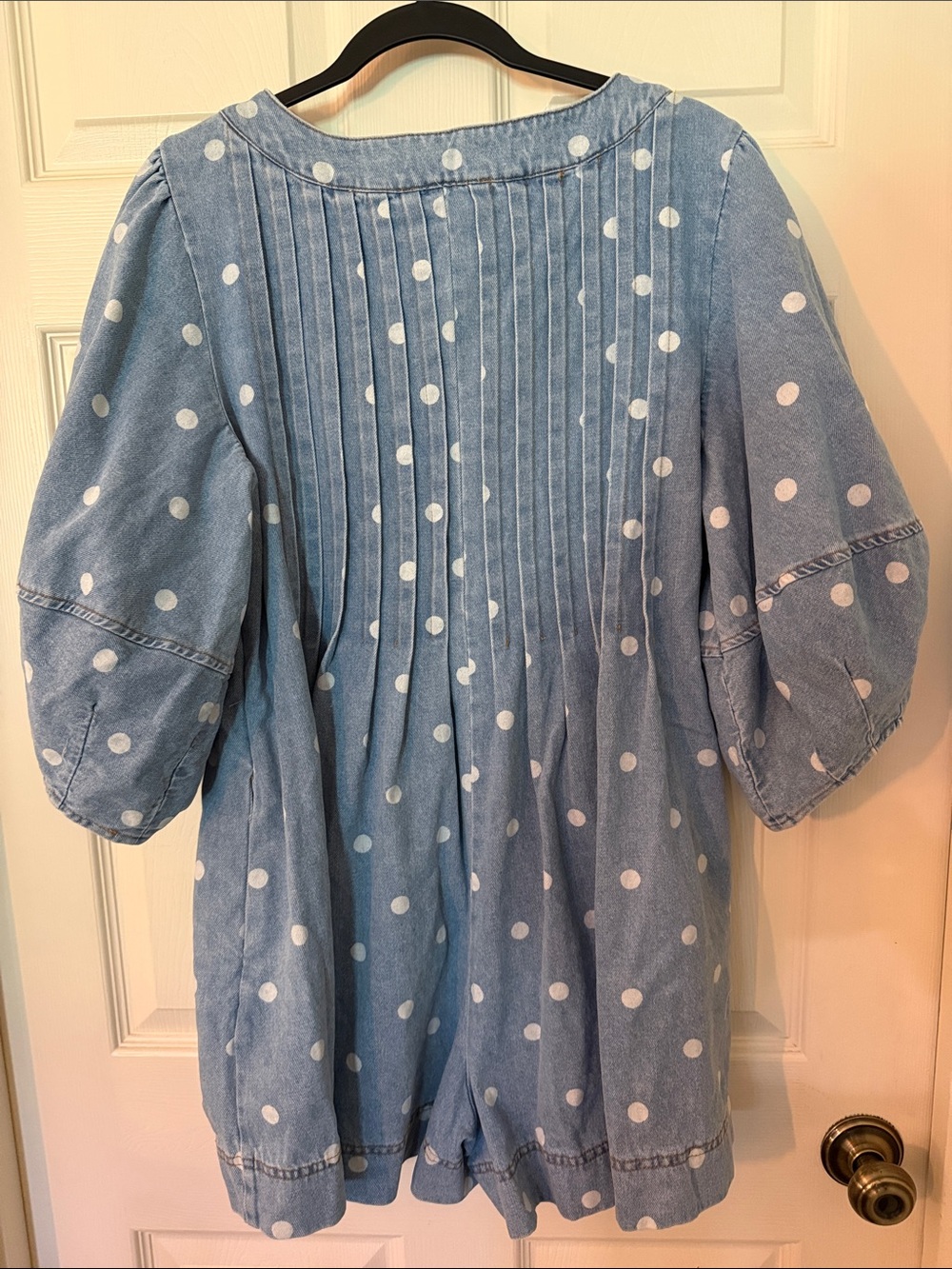 Peach Love California Light Blue Polka Dot Denim Romper - Picture 4 of 6